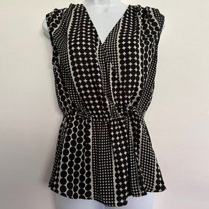 WhoWhatWear Women's Faux Wrap Black and White Polka Dot Peplum Top